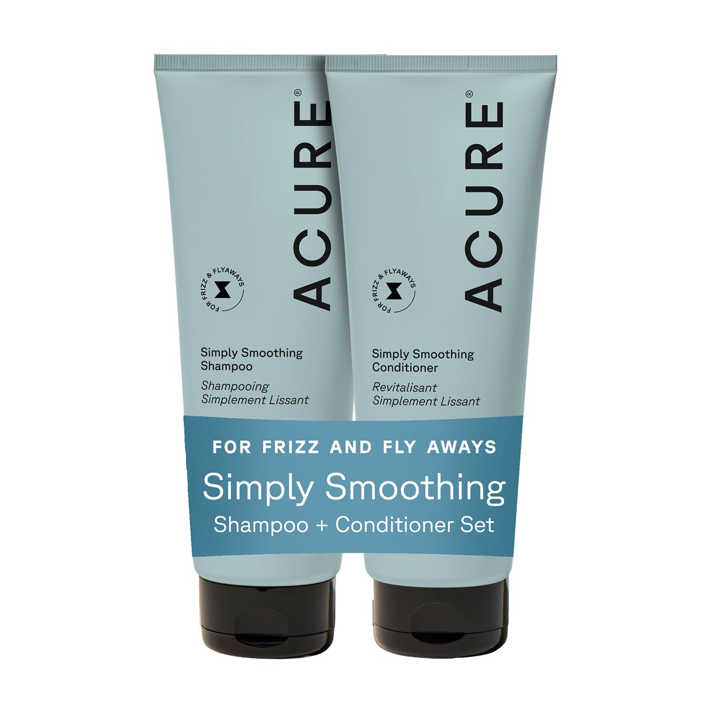 Acure Simply Smoothing Shampoo bottle shows frizz control for sleek hair.