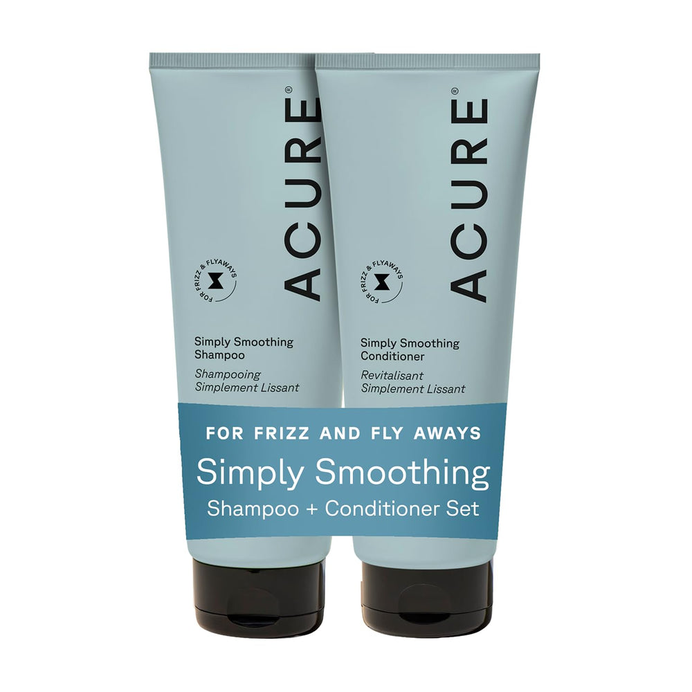 Acure Simply Smoothing Shampoo bottle shows frizz control for sleek hair.