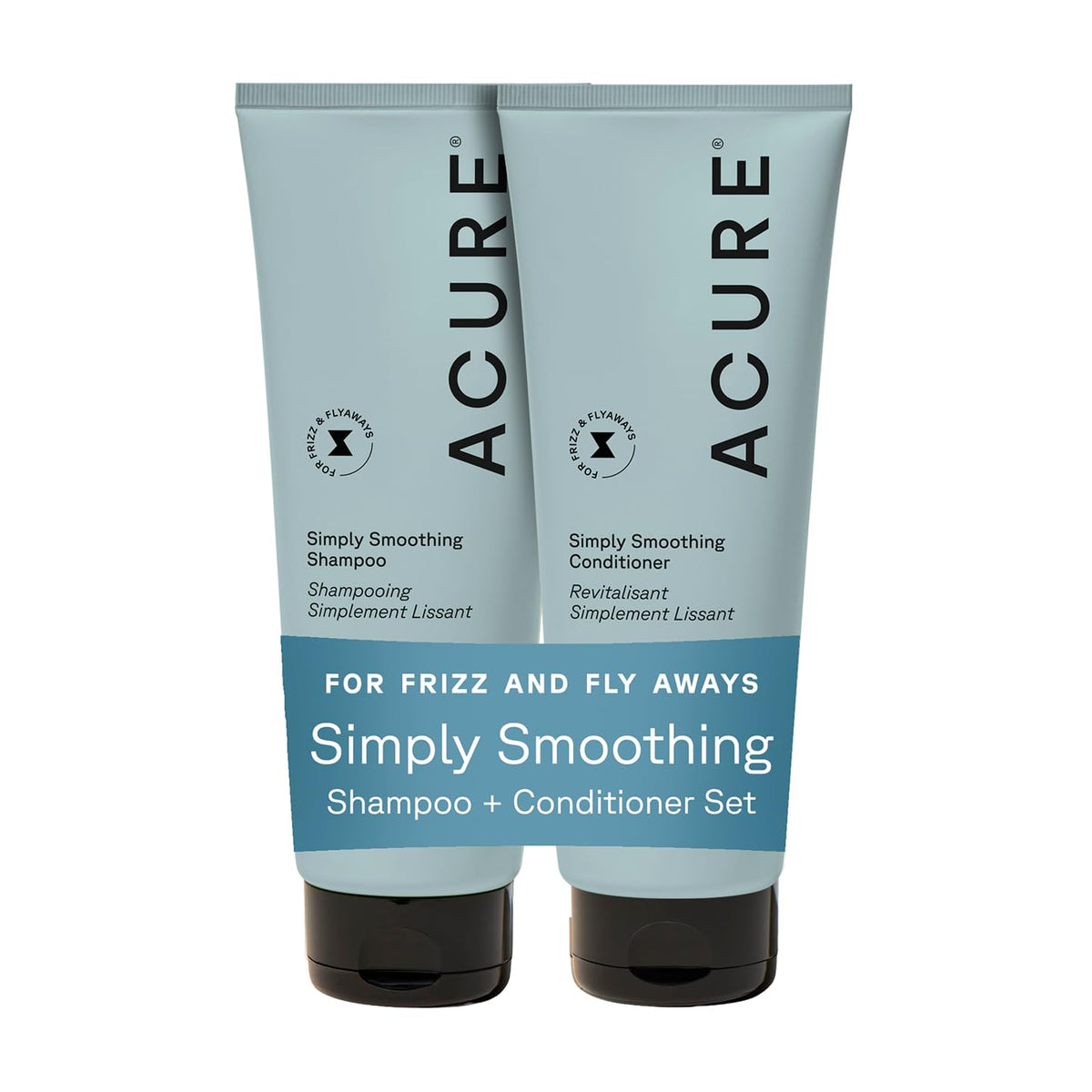 Acure Simply Smoothing Shampoo bottle shows frizz control for sleek hair.