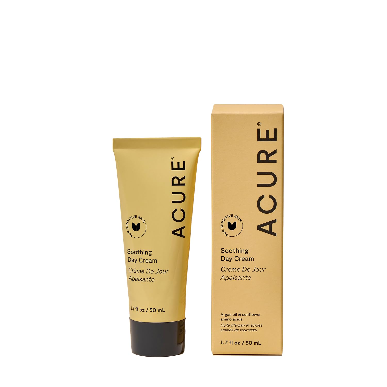 Acure Soothing Day Cream packaging close-up showing vegan, cruelty-free skincare.