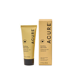 Acure Soothing Day Cream packaging close-up showing vegan, cruelty-free skincare.
