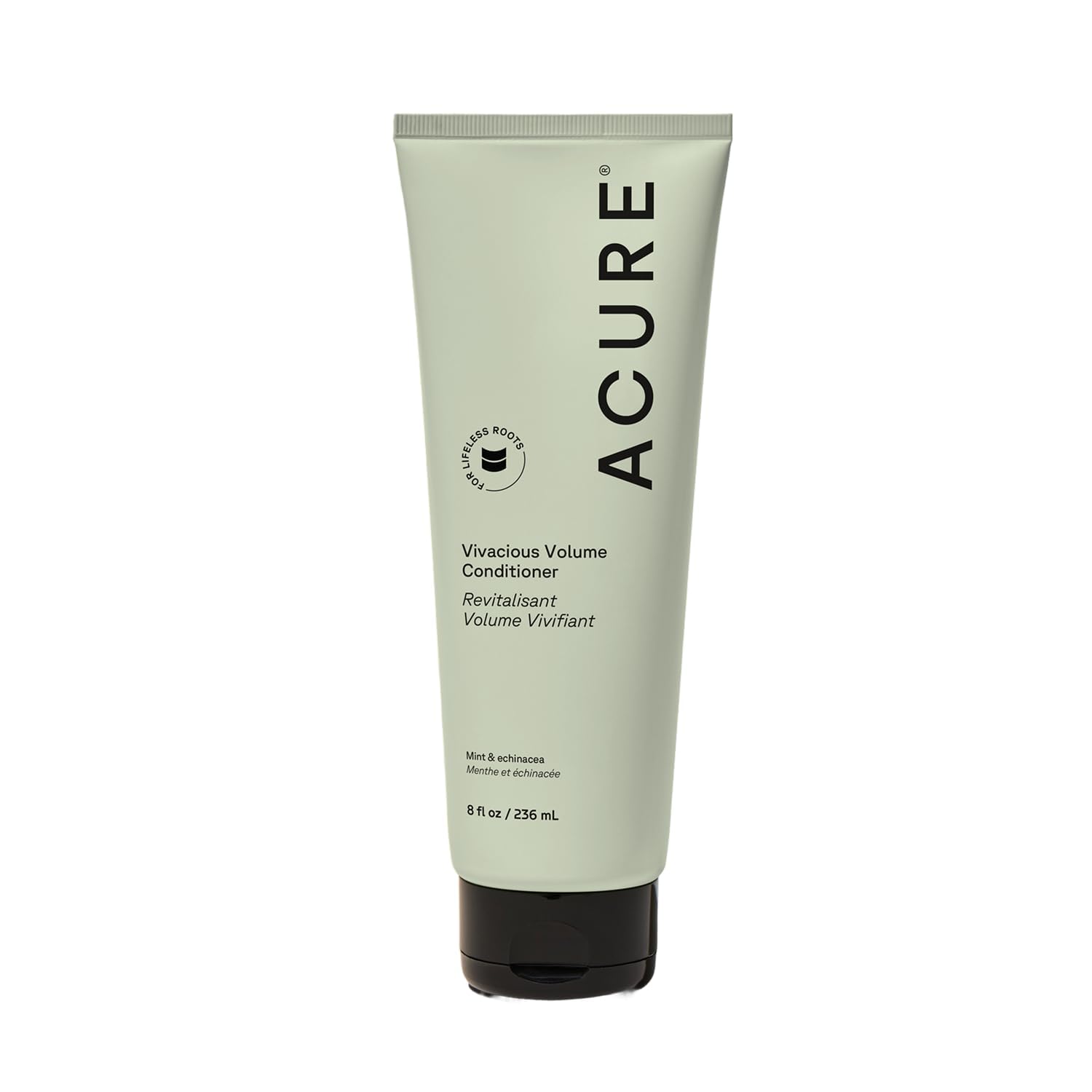 Acure Vivacious Volume Conditioner, botella frontal, volumen ligero para cabello fino.