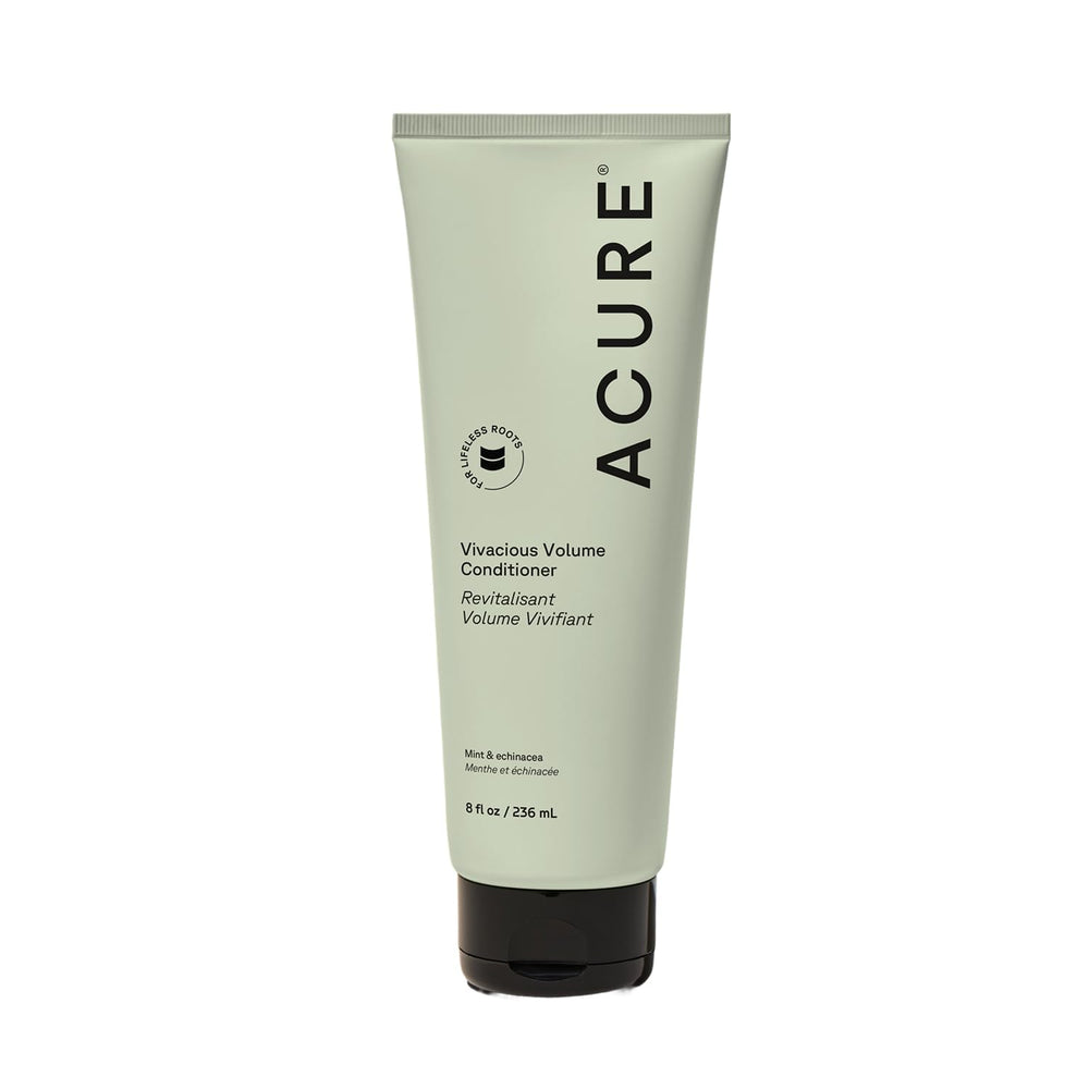 Acure Vivacious Volume Conditioner, botella frontal, volumen ligero para cabello fino.