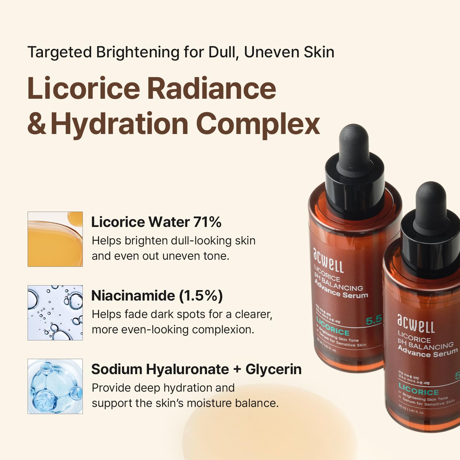 ACWELL Licorice Serum en un bote cuentagotas para dosificación precisa.