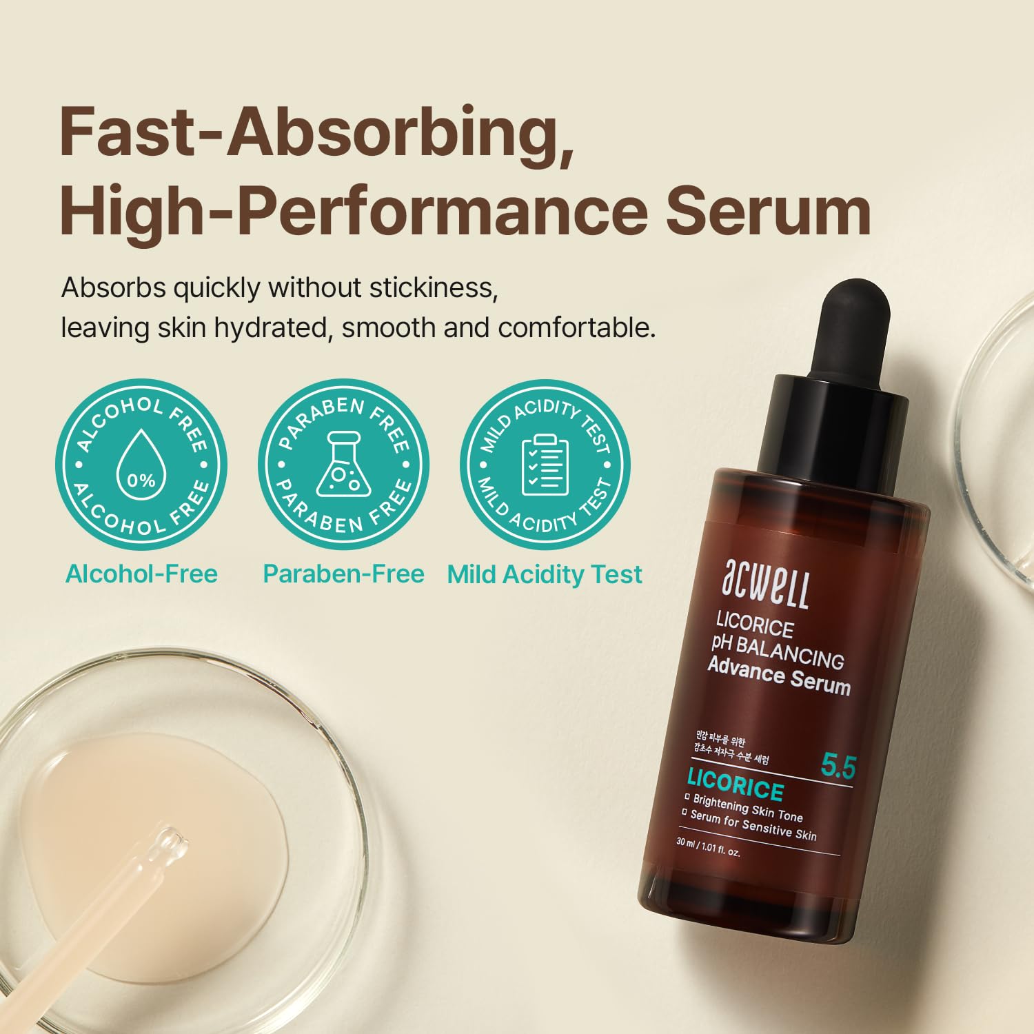 ACWELL Licorice Serum para piel de vidrio, sensación ligera y sedosa.