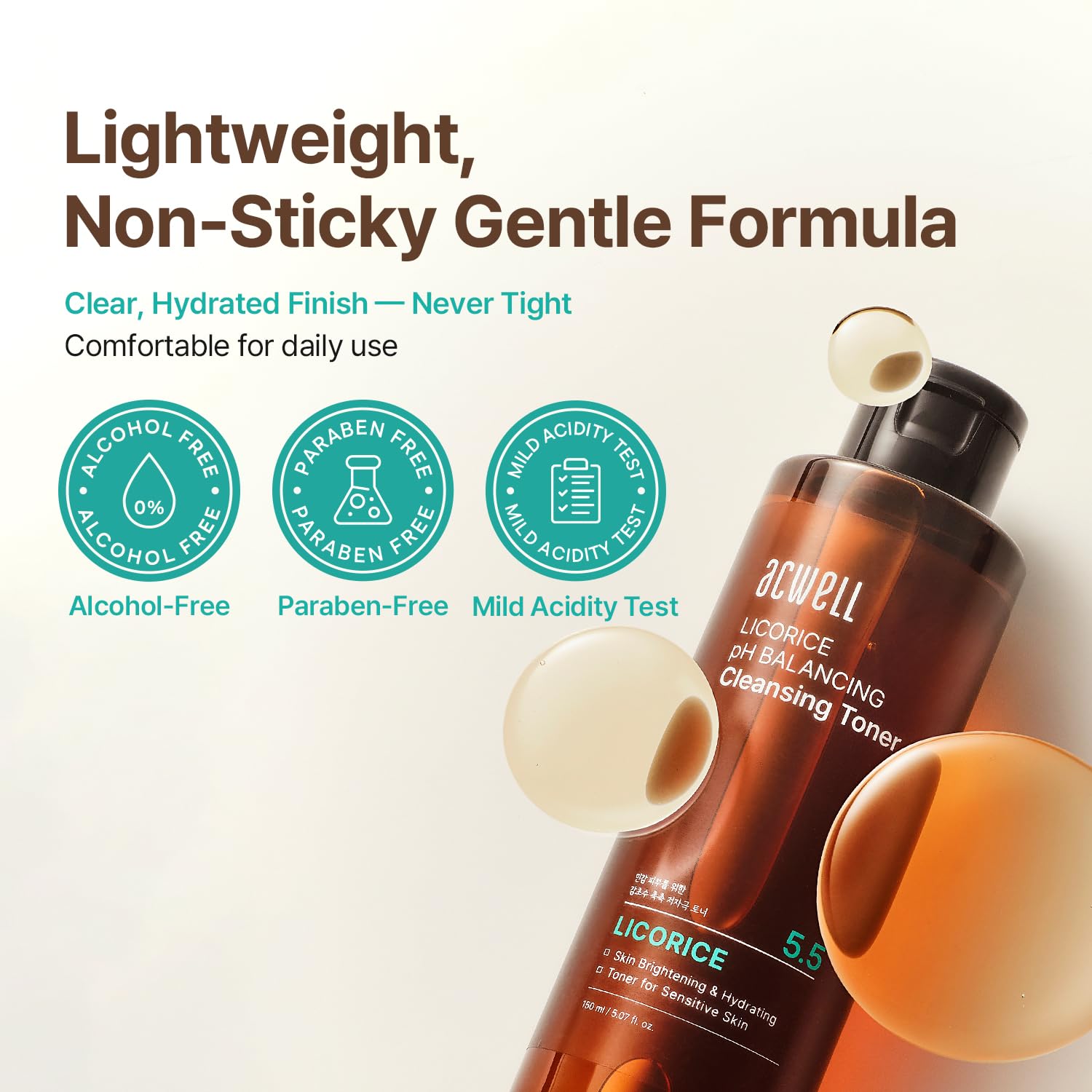ACWELL Licorice Toner ofrece hidratación ligera para piel fresca.