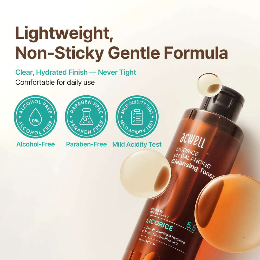 ACWELL Licorice Toner ofrece hidratación ligera para piel fresca.
