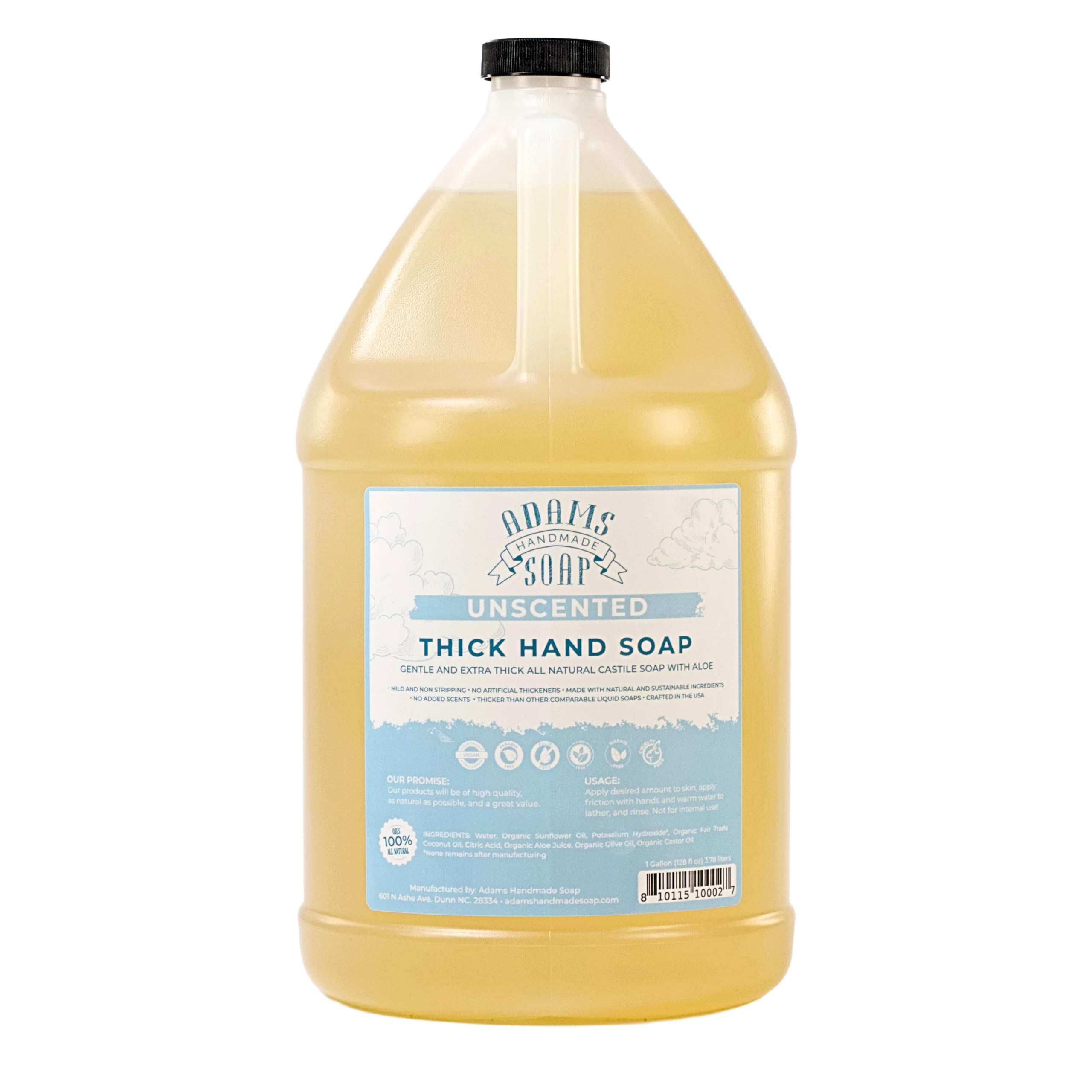 Adams Handmade Soap thick castile bottle pour for easy hand washing and refills.