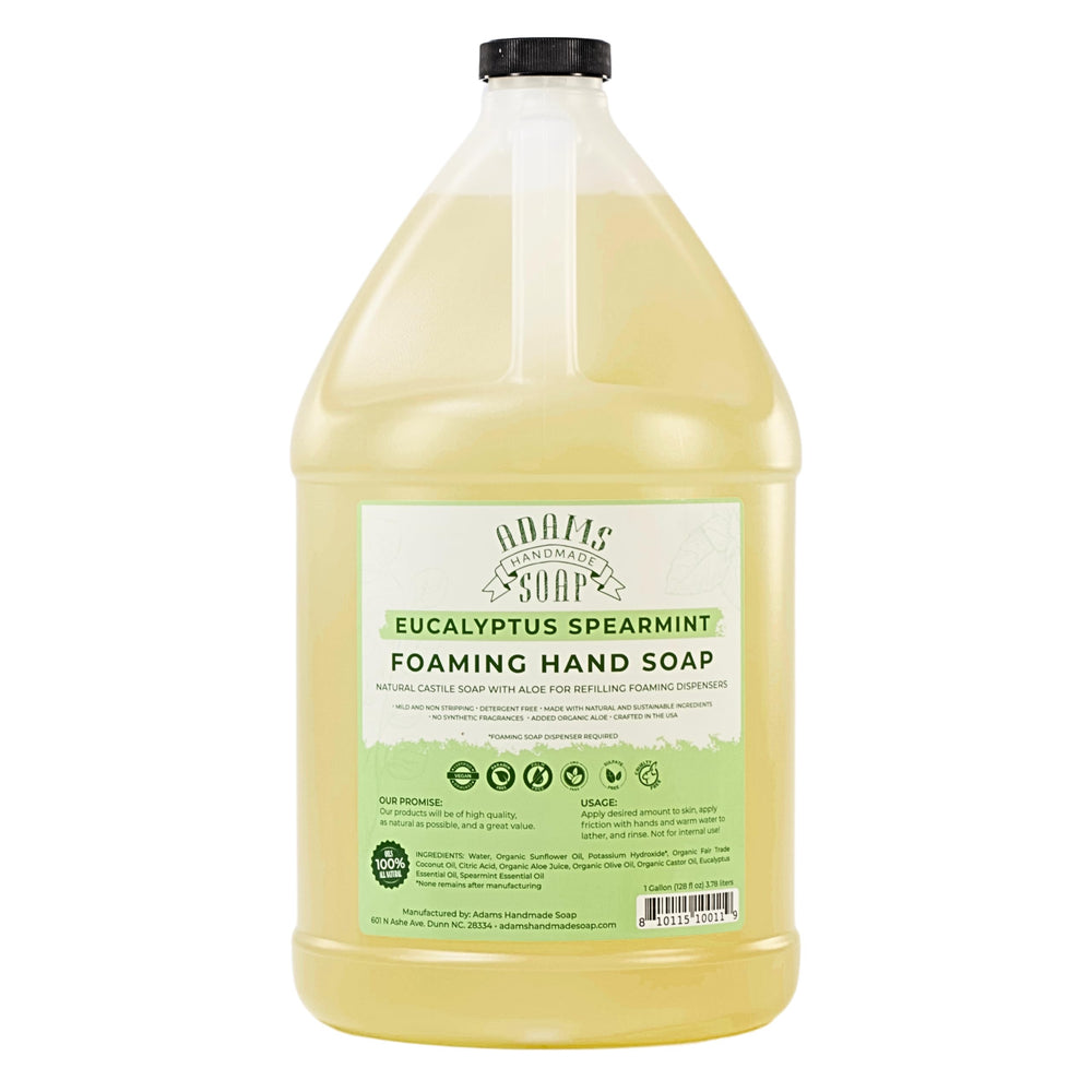 Adams Handmade Soap foaming soap bottle for easy, gentle hand washing with eucalyptus spearmint