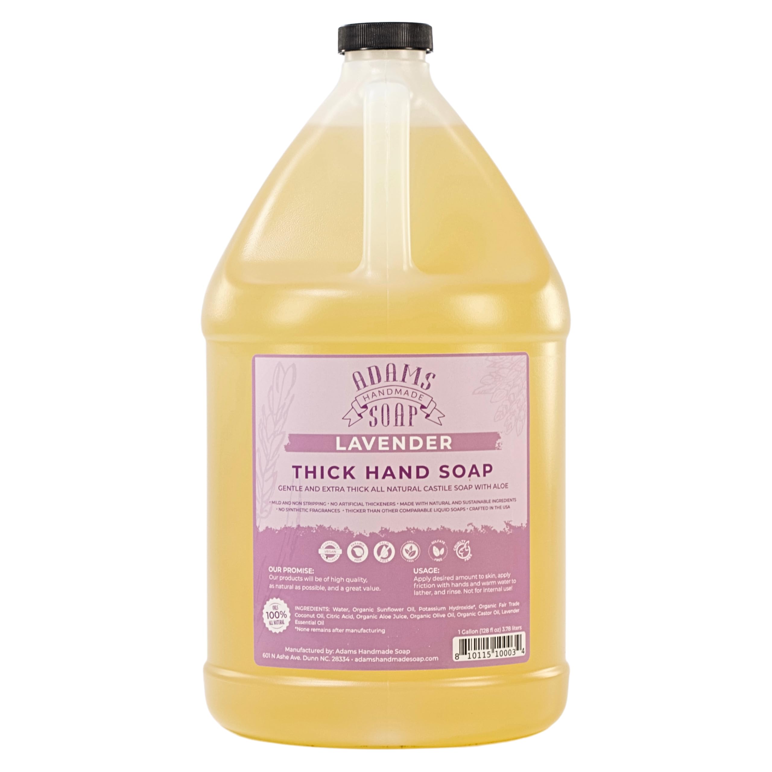 Adams Handmade Soap lavender castile gallon refill shows thick formula for gentle hand washing.