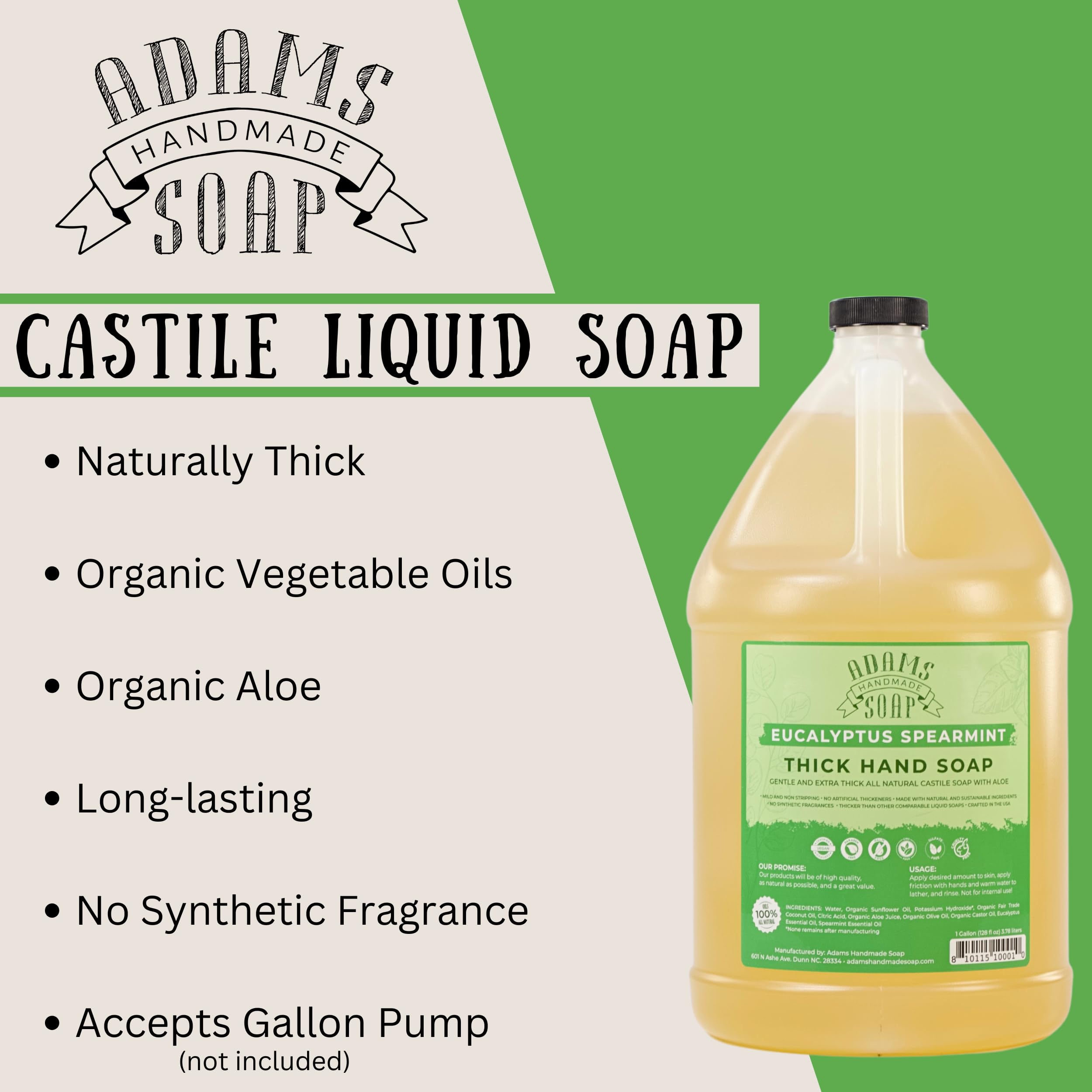 Adams Handmade Soap Castile label-front emphasizes eco-friendly, vegan, cruelty-free cleansing