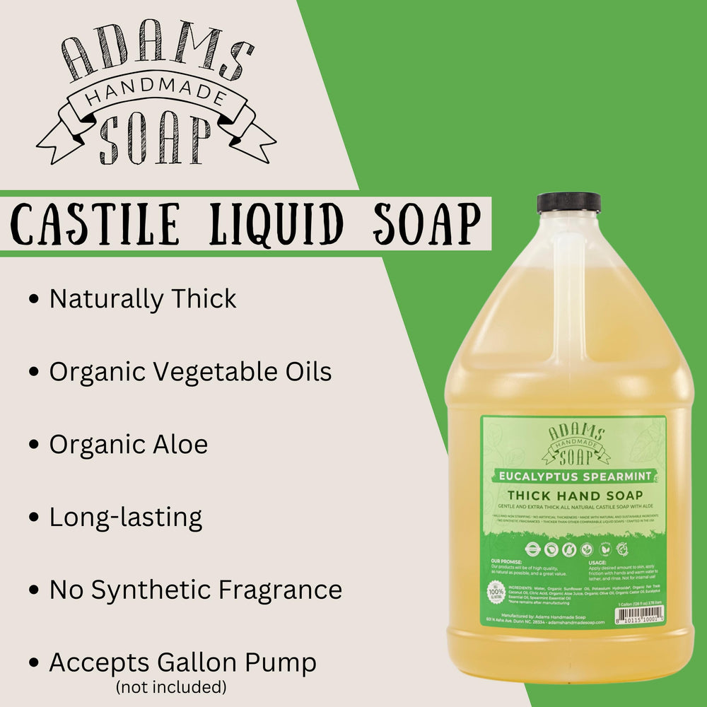 Adams Handmade Soap Castile label-front emphasizes eco-friendly, vegan, cruelty-free cleansing