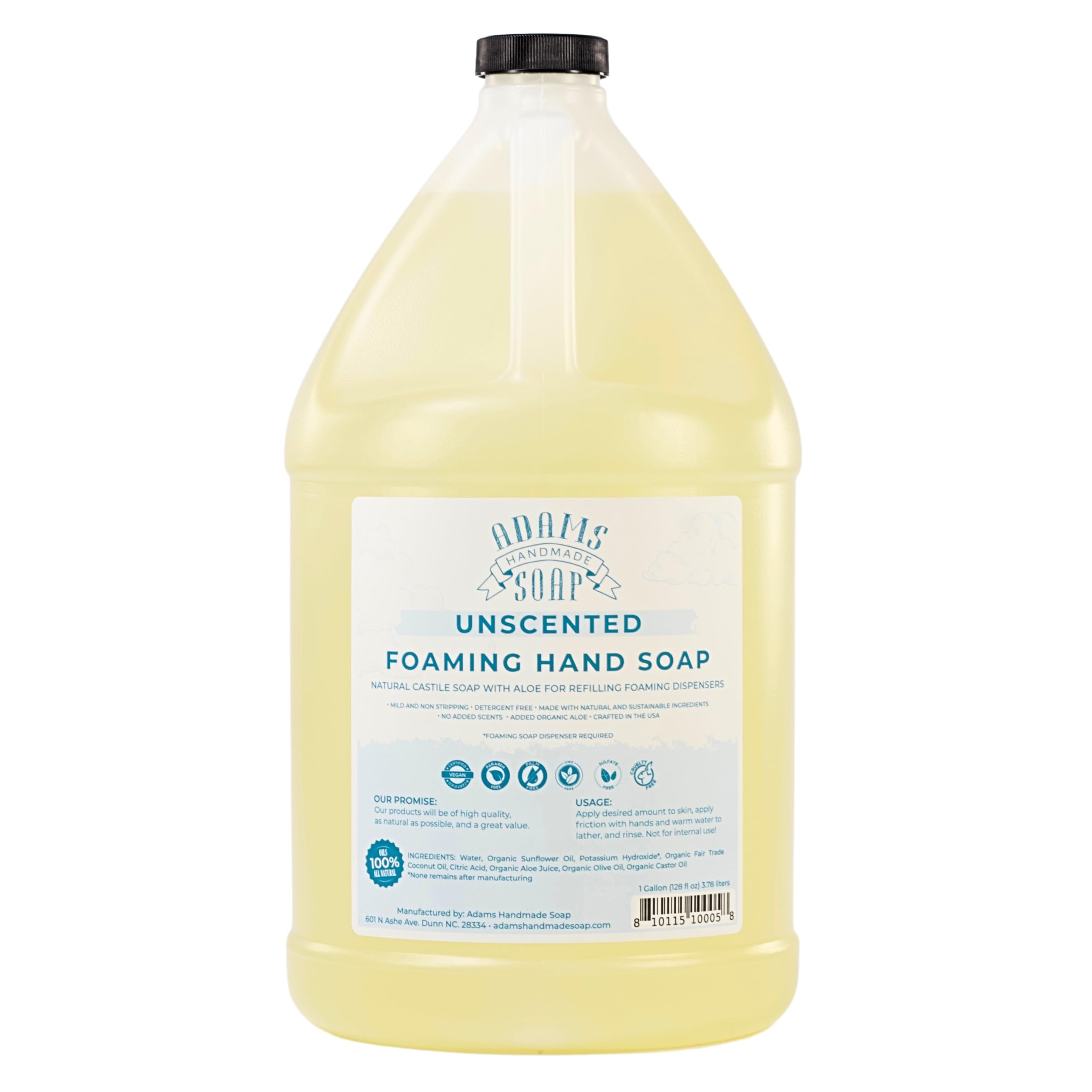 Adams Handmade Soap thin castile foaming hand soap refill bottle pour for easy hand washing