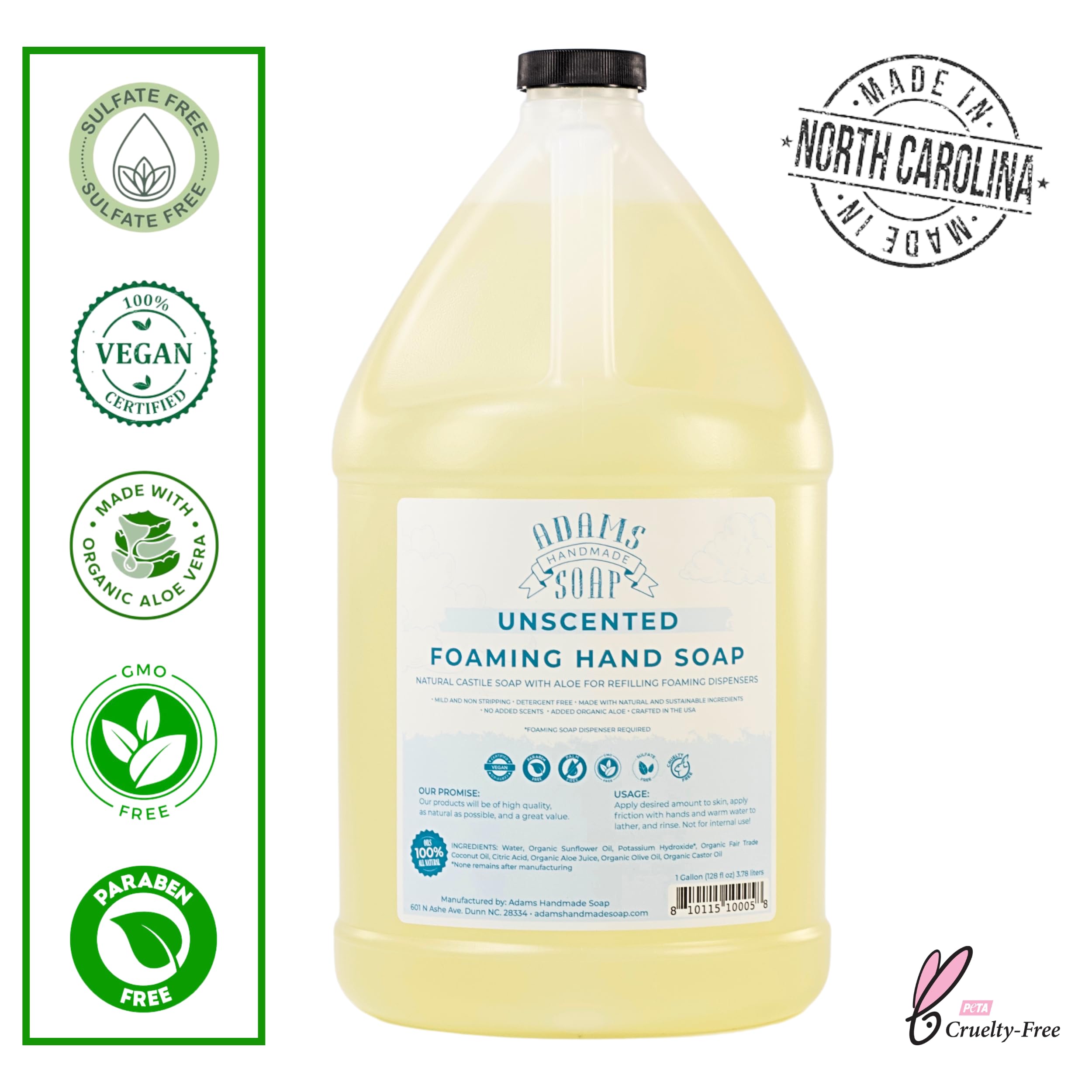 Adams Handmade Soap thin castile foaming hand soap refill packaging label highlights eco-friendly unscented formula