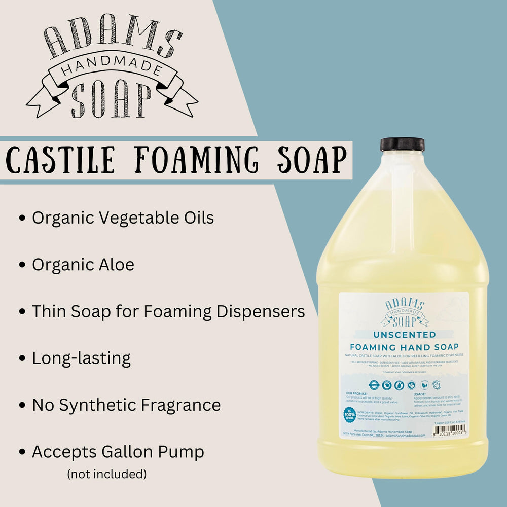 Adams Handmade Soap thin castile foaming hand soap refill product container emphasizes cruelty-free USA-made craftsmanship