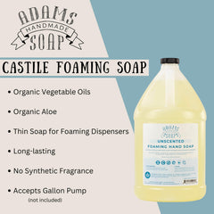 Adams Handmade Soap thin castile foaming hand soap refill product container emphasizes cruelty-free USA-made craftsmanship