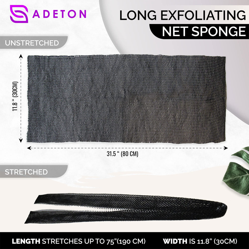 ADETON back-scrub net sponge showing long reach for hard-to-reach areas.