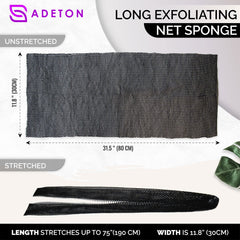 ADETON back-scrub net sponge showing long reach for hard-to-reach areas.