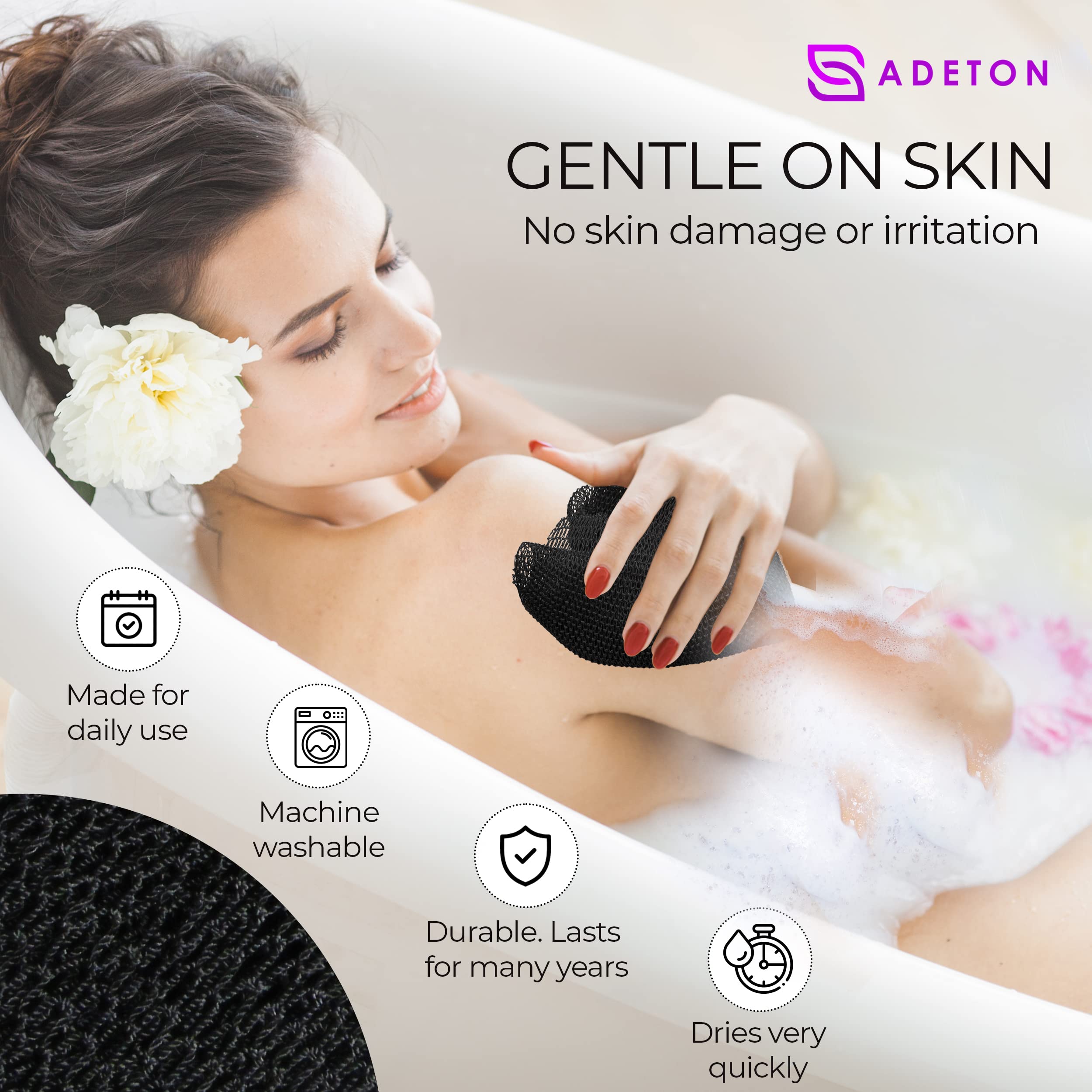 ADETON exfoliating net sponge designed for feet and legs with robust soap lather.