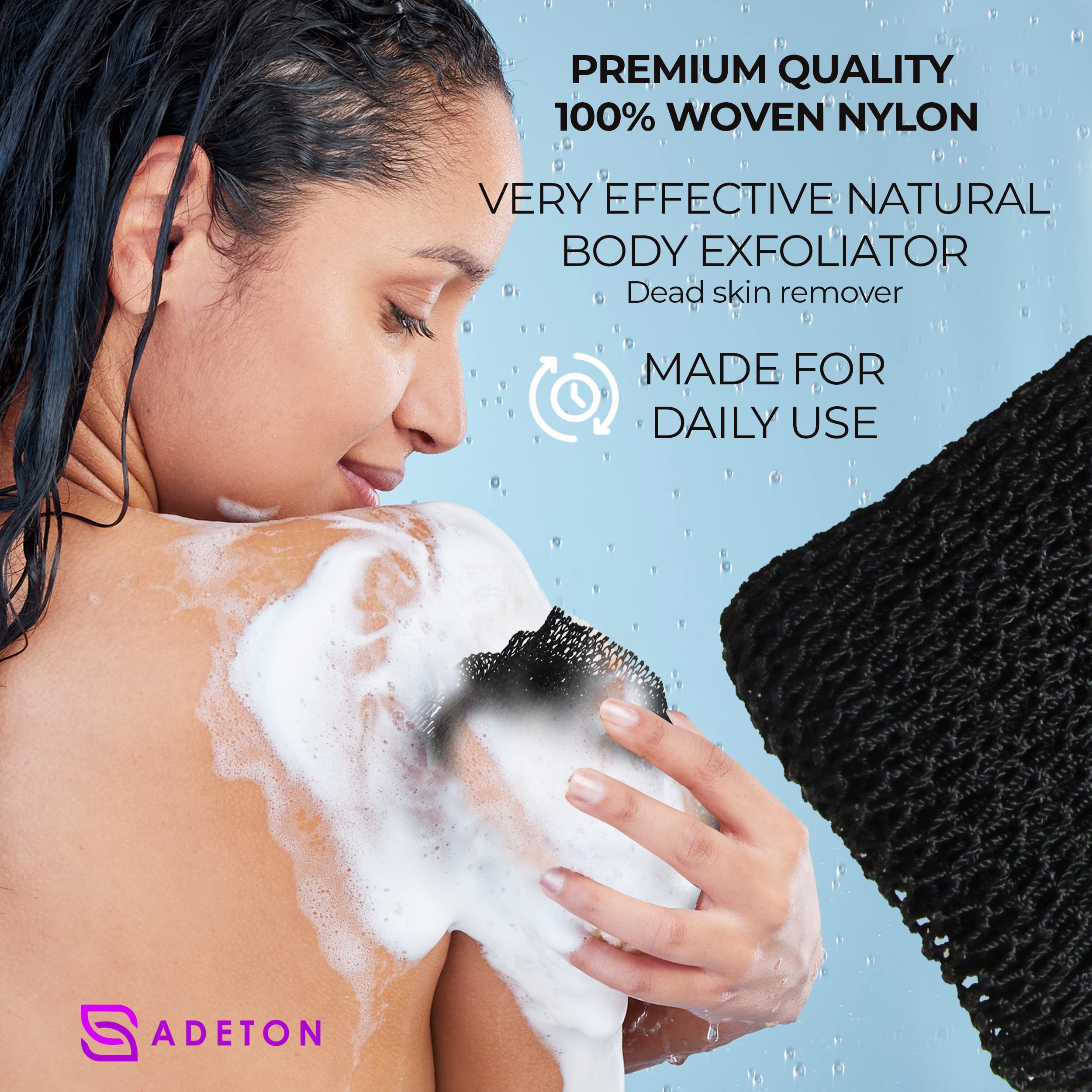 ADETON long-exfoliation net sponge for full-body lather and durability during daily use.