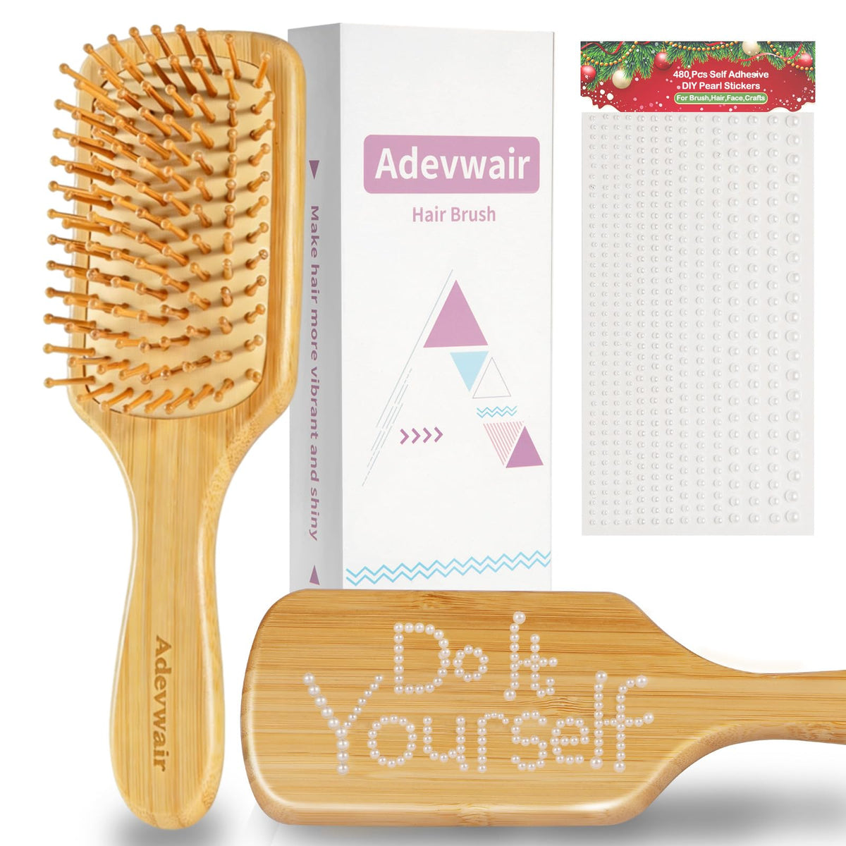 Adevwair bamboo hair brush with paddle handle for comfortable detangling on all hair types.