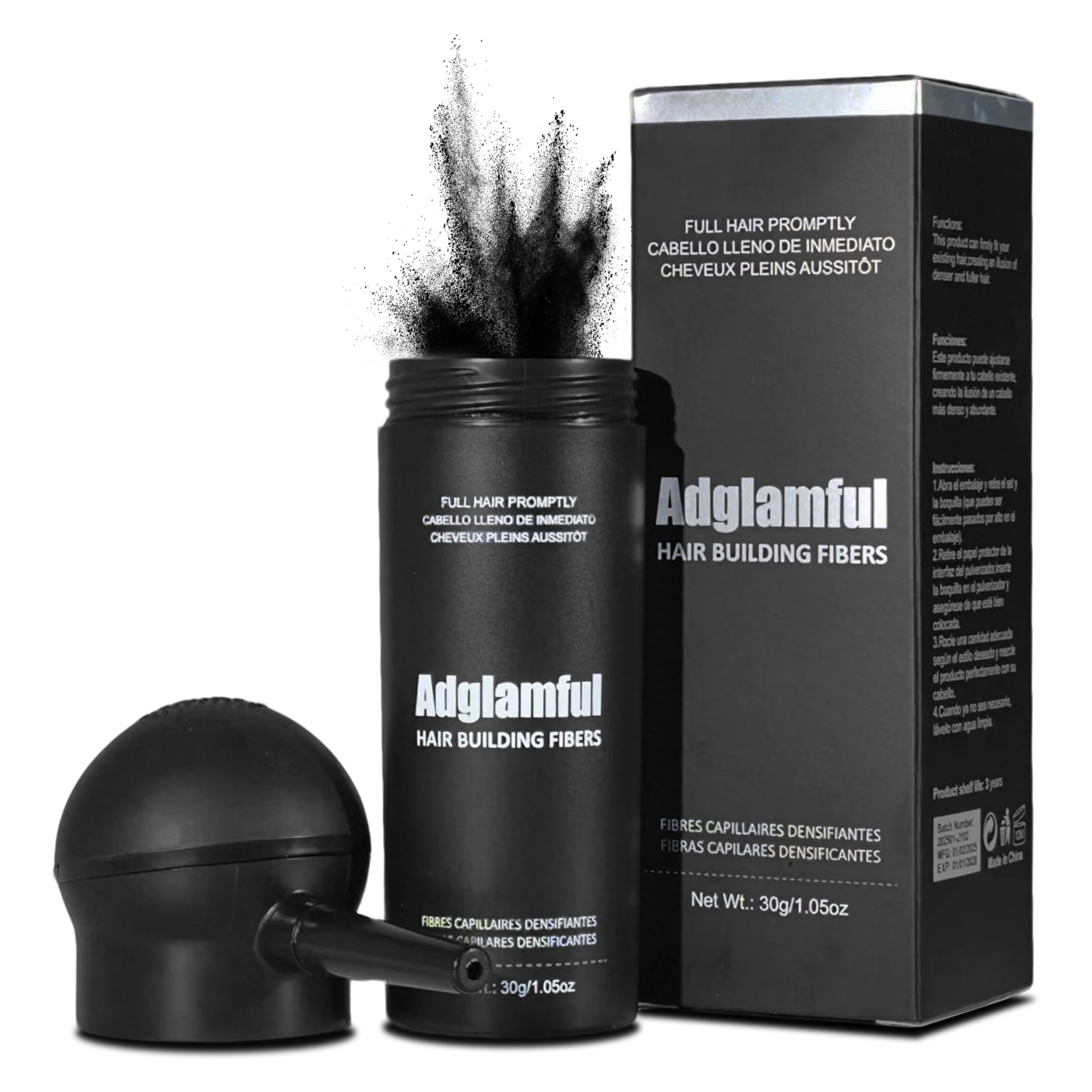 Adglamful fibras capilares en botella para cobertura rápida del cabello.