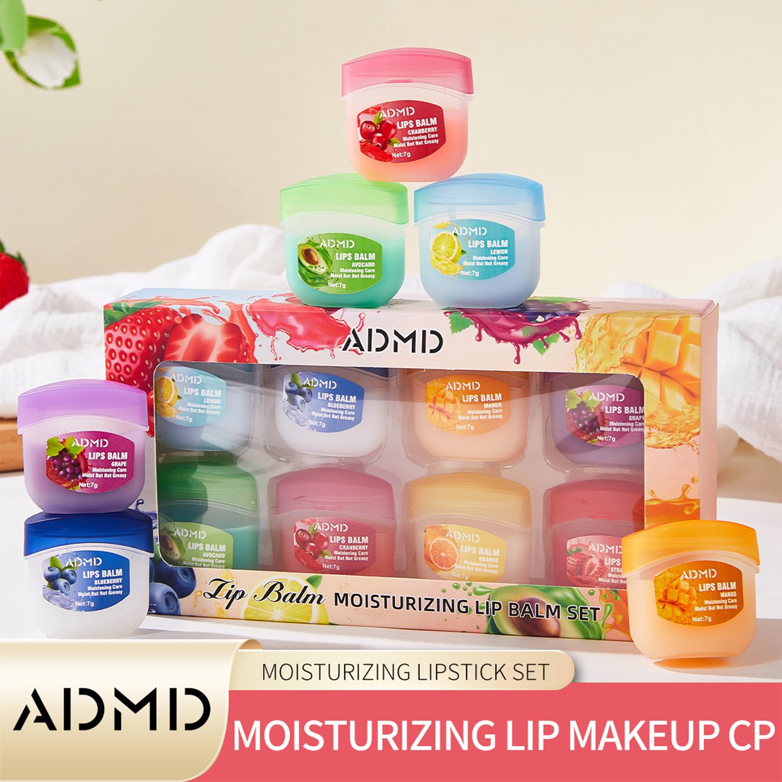 ADMD fruit flavor mini balm tubes arranged for on-the-go hydration