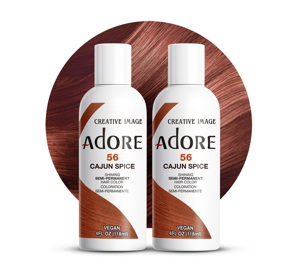 Adore Cajun Spice hair dye bottle pour showcases rich color and easy application.
