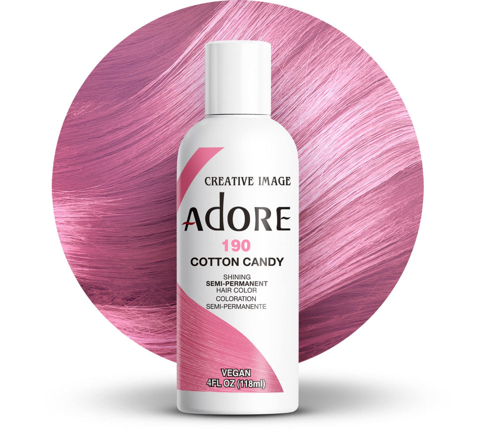Adore Cotton Candy Pink bottle shows bold pigment for at-home color.