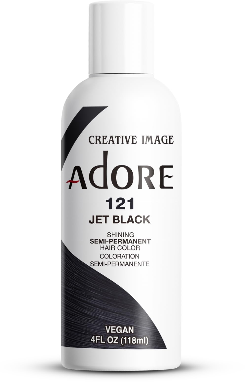 Adore Jet Black color bottle showing bold, salon-ready shade for at-home use