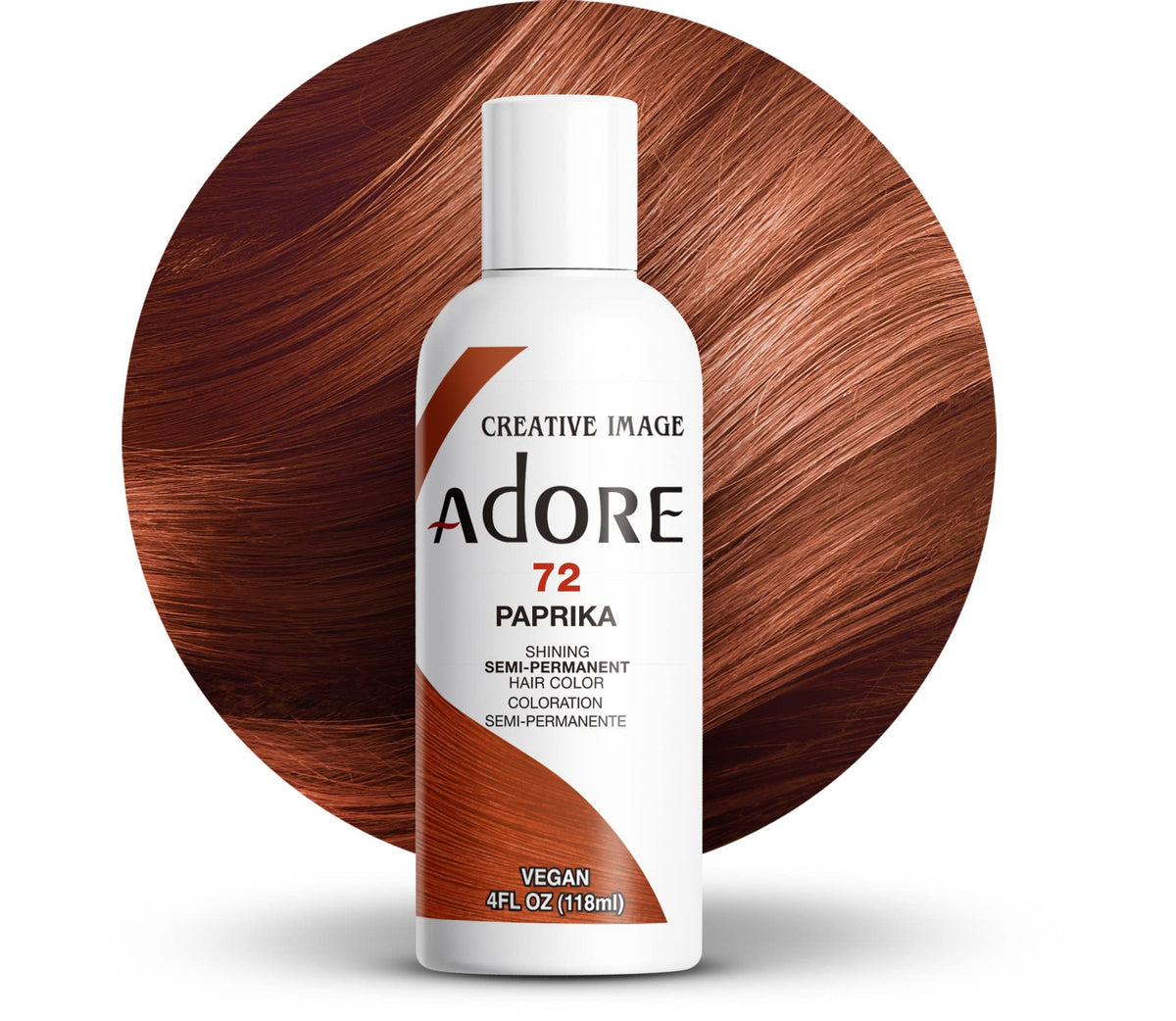 Adore Paprika hair color bottle showing rich brown pigment for even coverage.