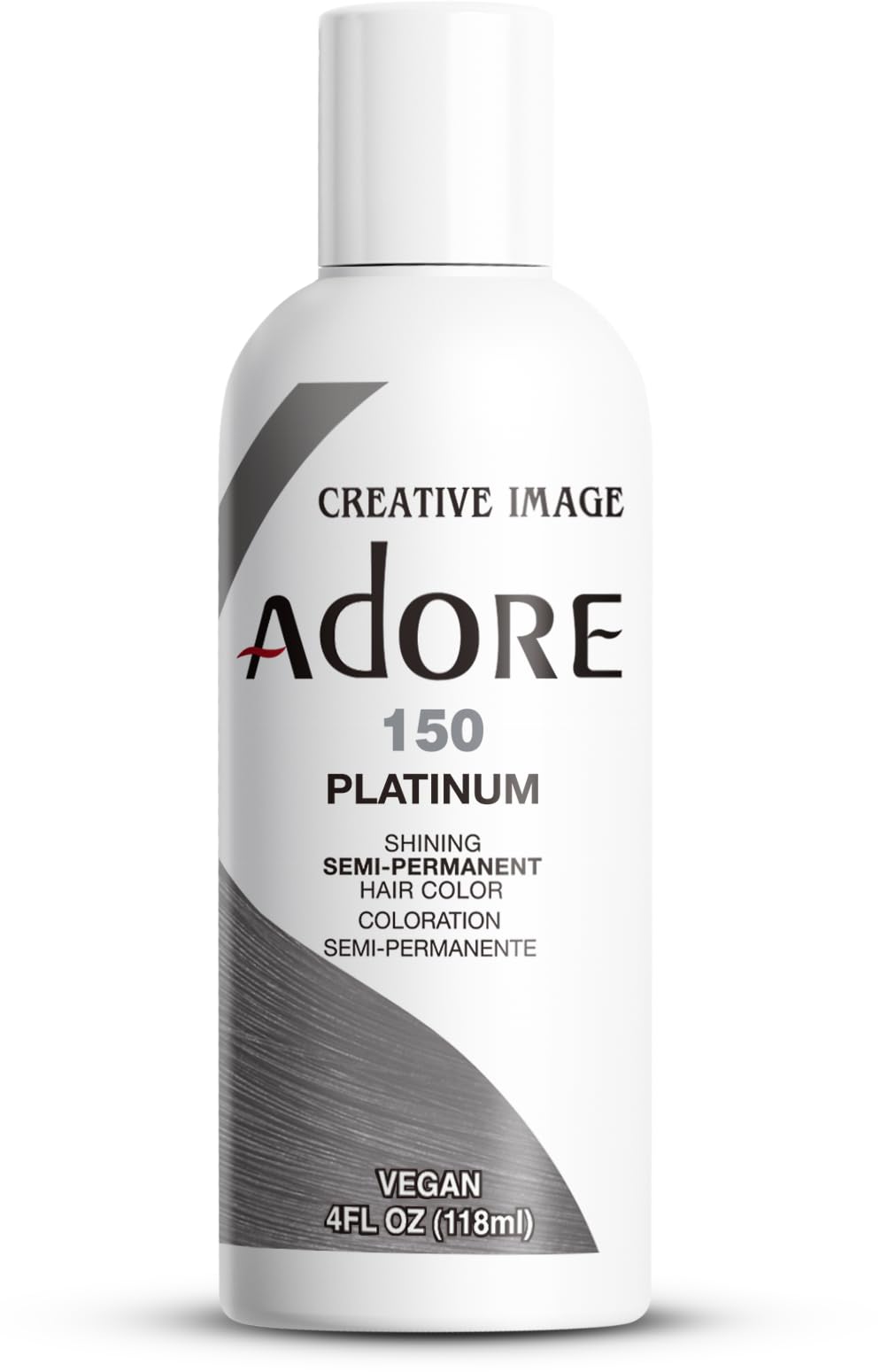 Adore platinum hair color 150 bottle close-up with vibrant, long-lasting semi-permanent dye.