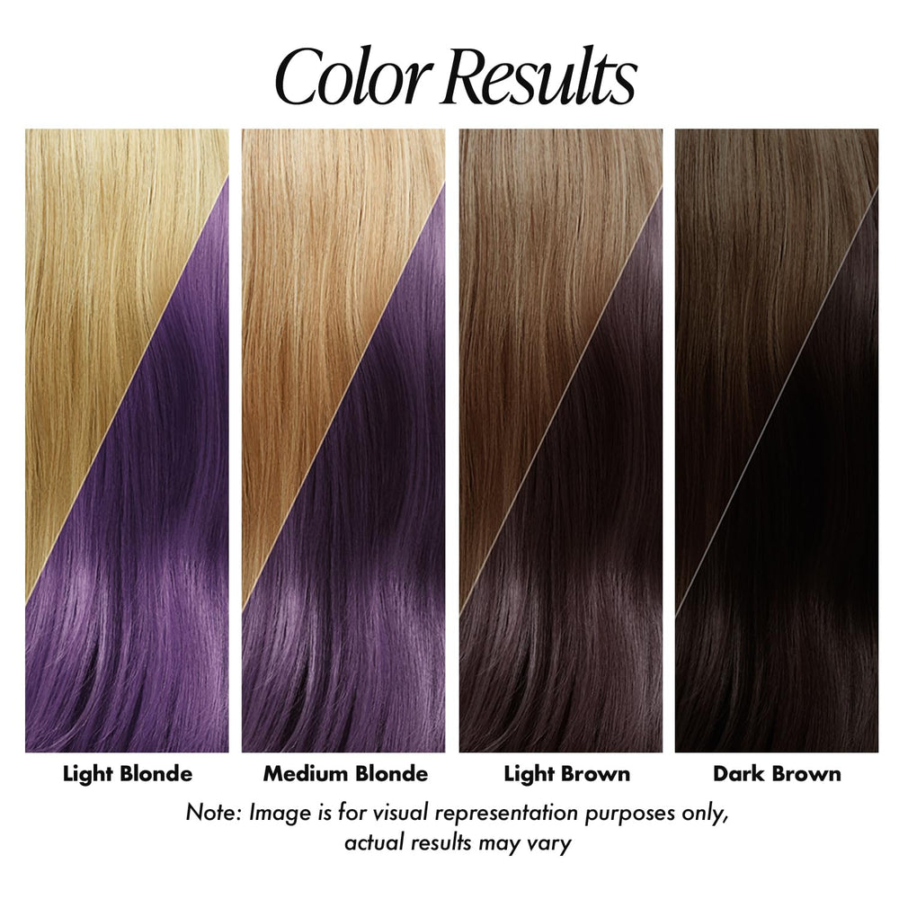 Adore Purple Rage dye on hair demonstrates even coverage across straight, wavy, curly, and coily textures.