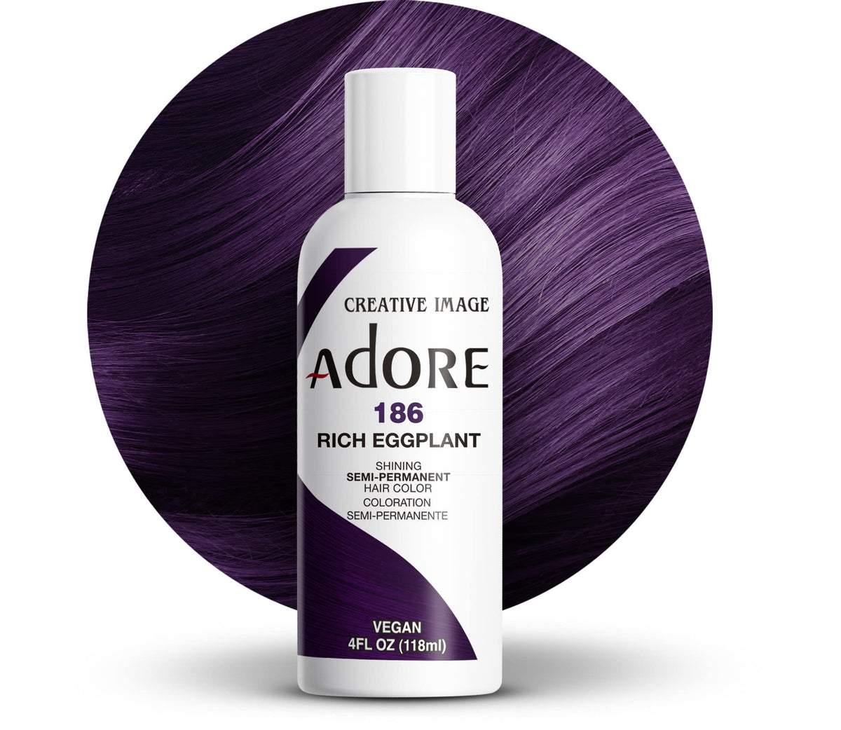 Adore Rich Eggplant bottle pour showing smooth color release for vibrant results