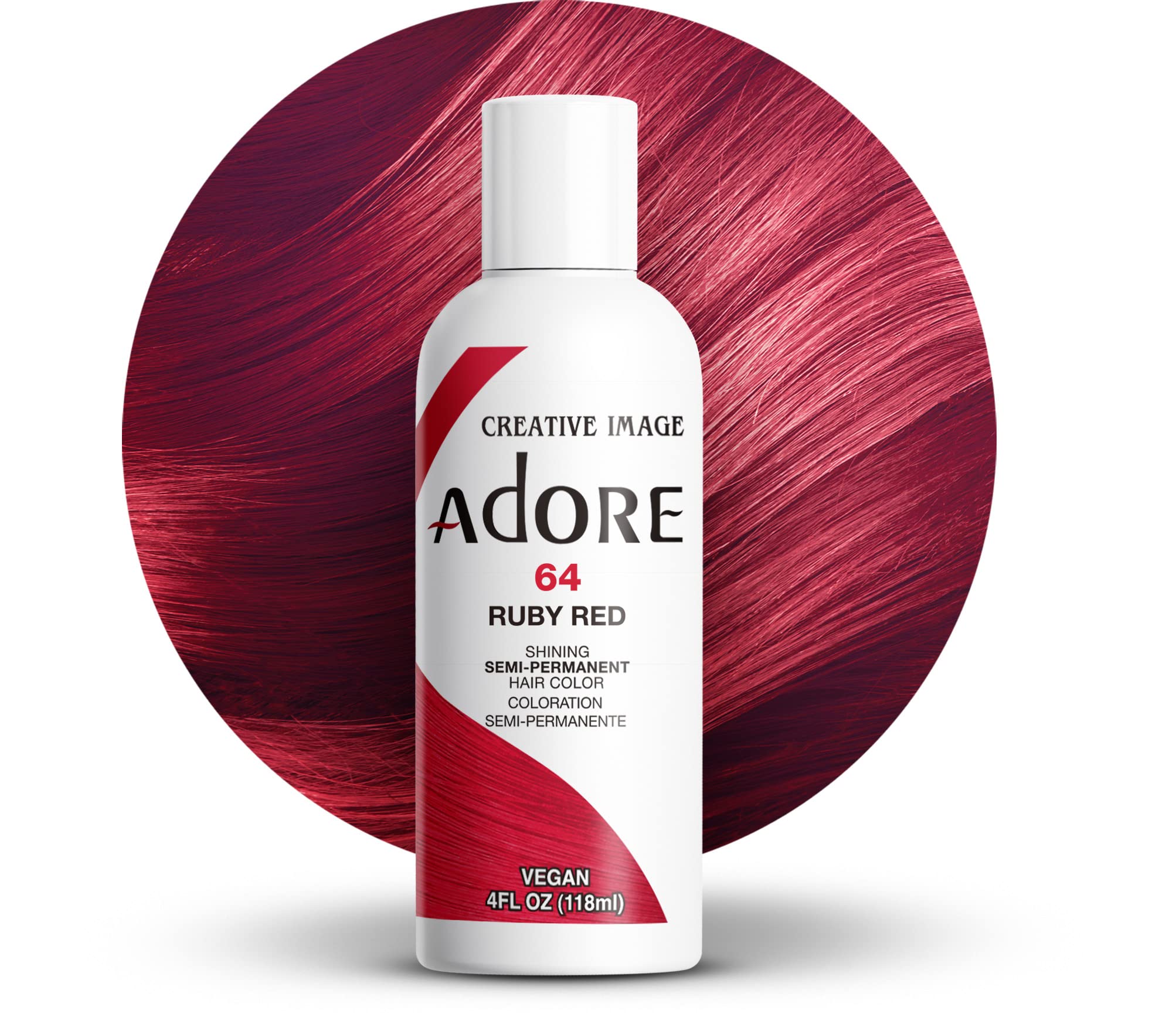 Adore Ruby Red bottle displaying vibrant semi-permanent color for salon-like results.