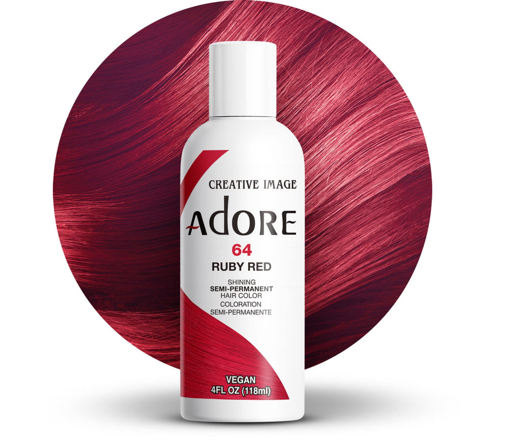 Adore Ruby Red bottle displaying vibrant semi-permanent color for salon-like results.