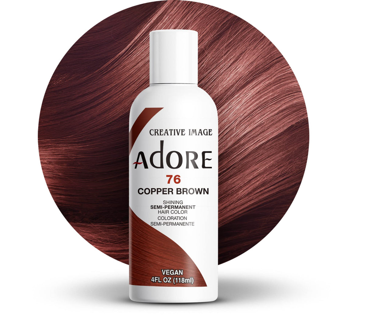 Adore semi permanent hair color bottle in 076 copper brown for at-home dyeing