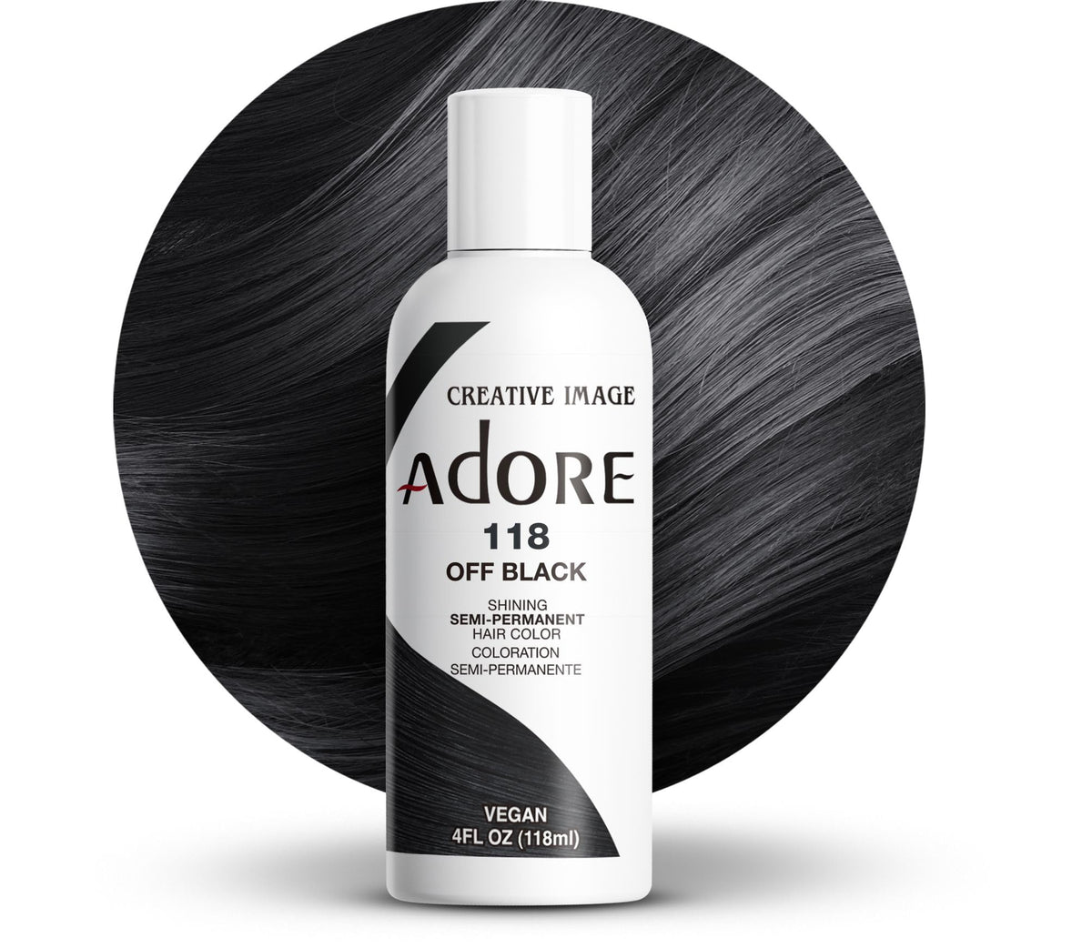 Adore off-black semi-permanent color bottle showing rich pigment for smooth coverage.