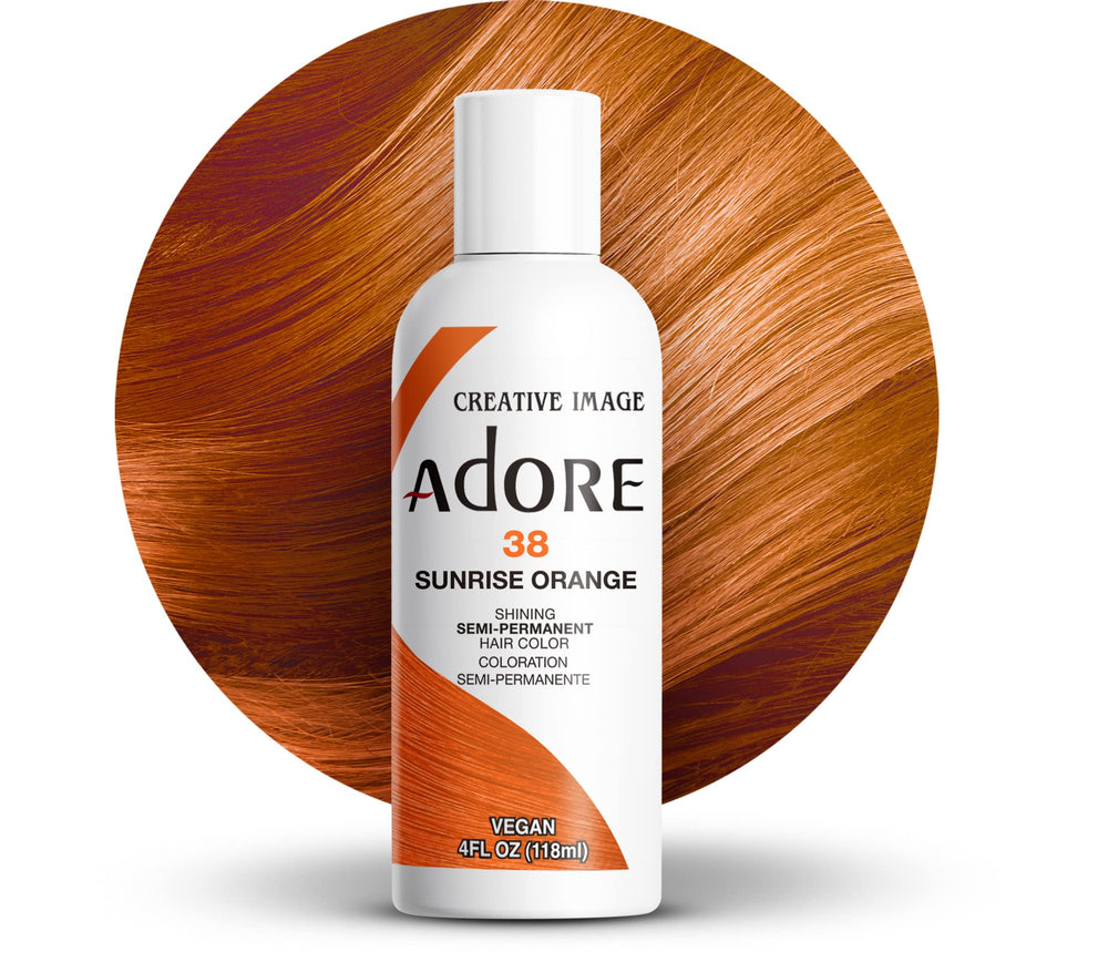 Adore Sunrise Orange dye bottle highlights vibrant color for at-home results