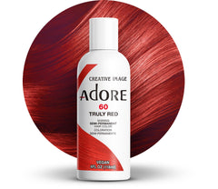 Adore Truly Red bottle pour shows bold color from vegan formula.