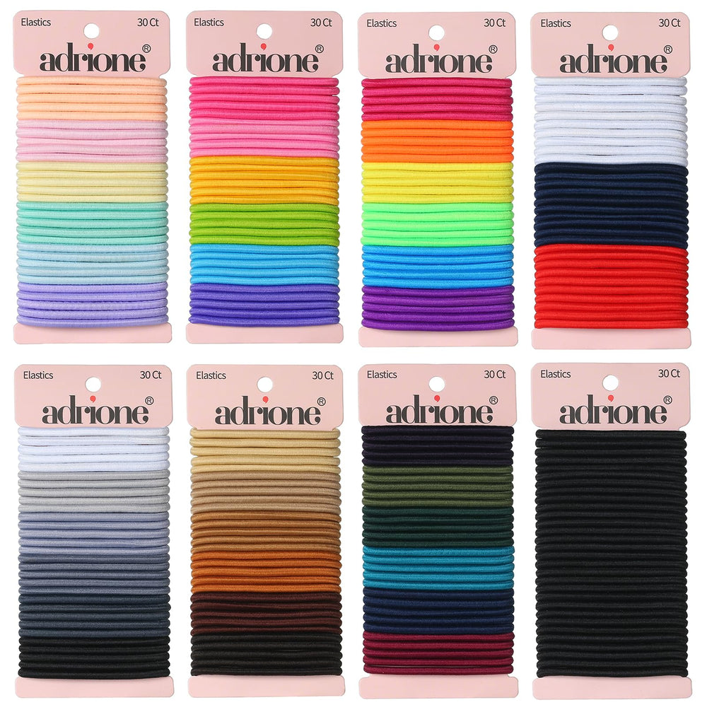 ADRIONE colorful hair ties bulk pack; front view shows variety for versatile styling.