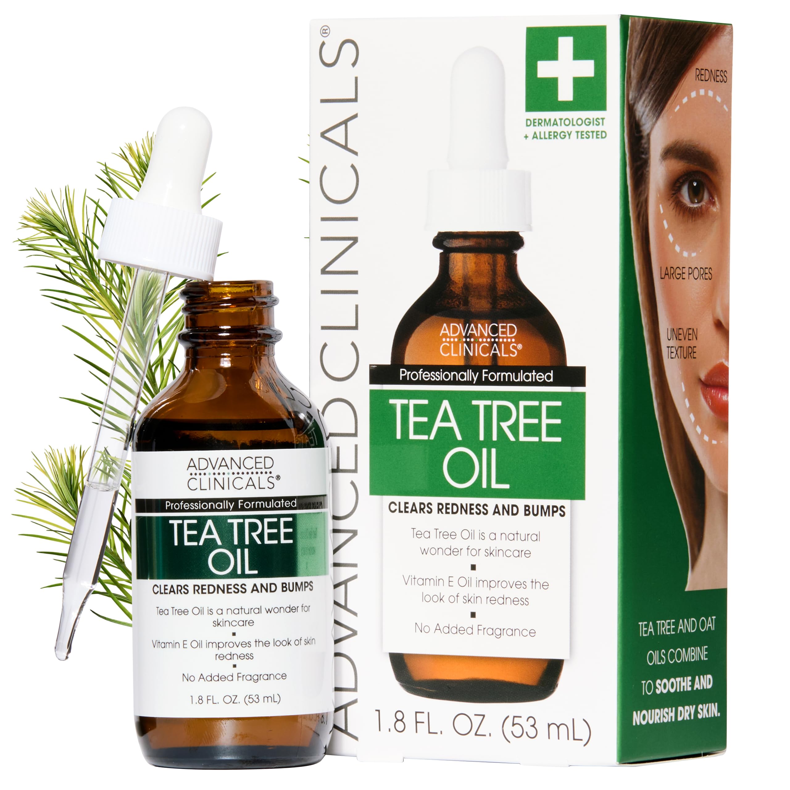 Advanced Clinicals Aceite de Árbol de Té serum frente, piel más suave y uniforme