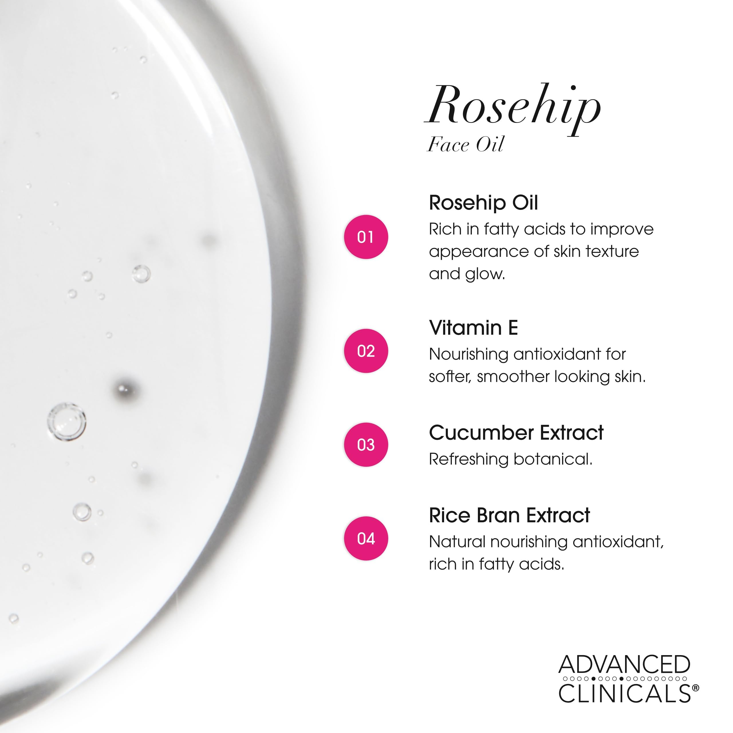 Advanced Clinicals Aceite Rosa Mosqueta, aplicación diaria para suavizar piel seca.