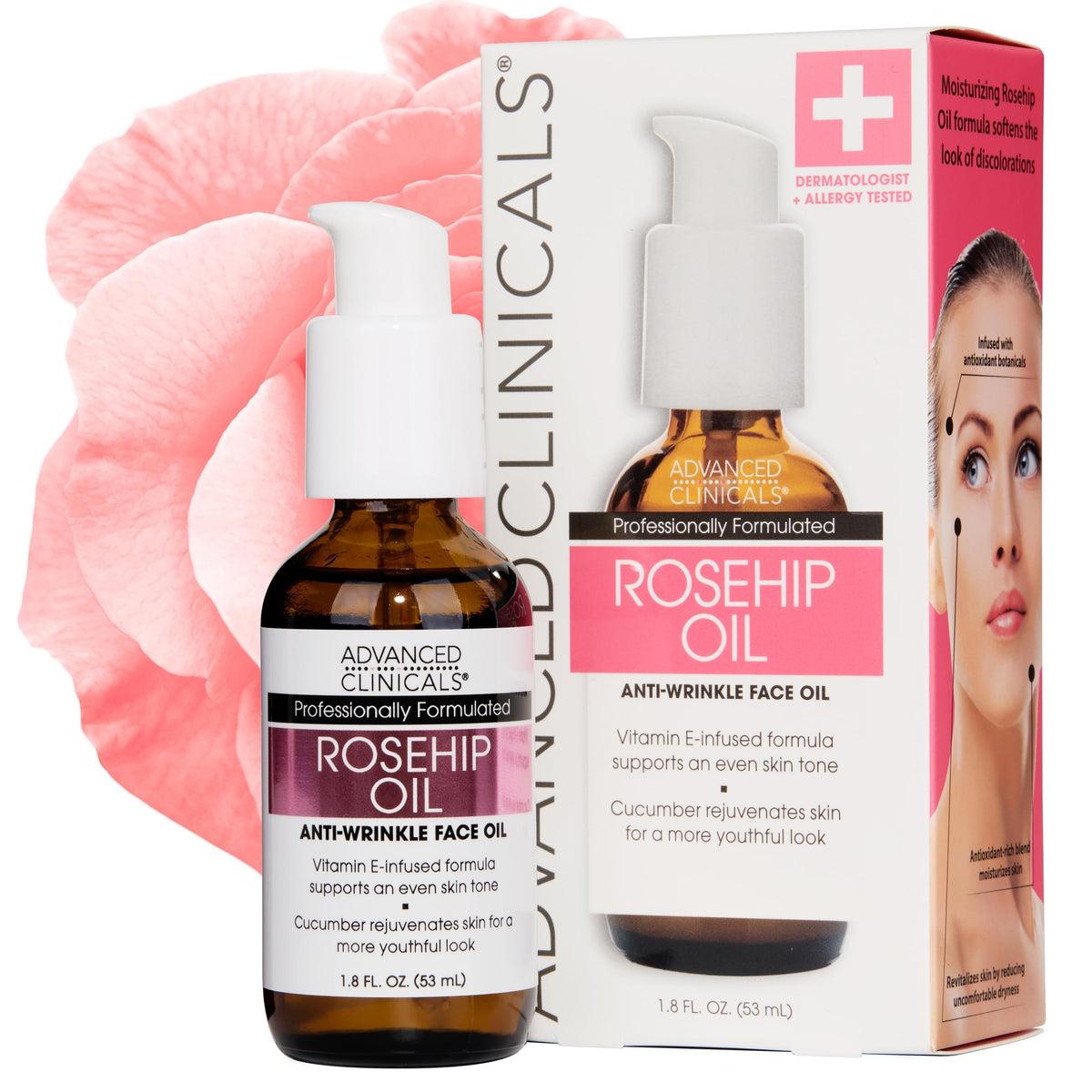 Advanced Clinicals Aceite Rosa Mosqueta, botella; hidratación diaria para piel suave.
