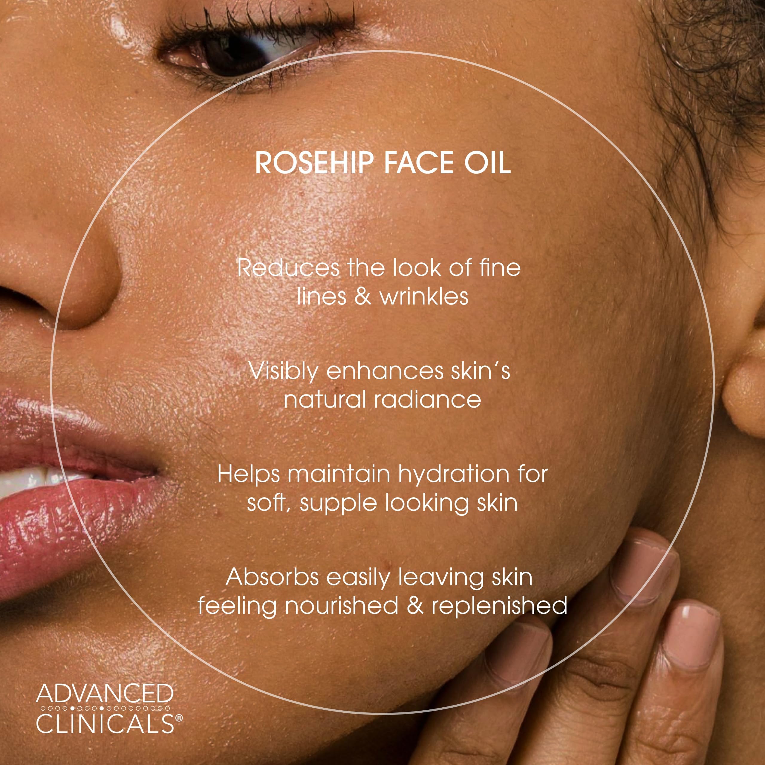 Advanced Clinicals Aceite Rosa Mosqueta, textura ligera; piel sedosa y sin grasa.