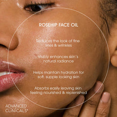Advanced Clinicals Aceite Rosa Mosqueta, textura ligera; piel sedosa y sin grasa.