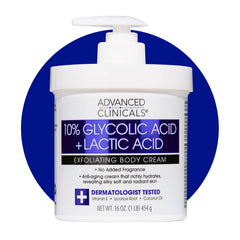 Advanced Clinicals bottle pour shows 10% glycolic-lactic lotion for smoother skin.