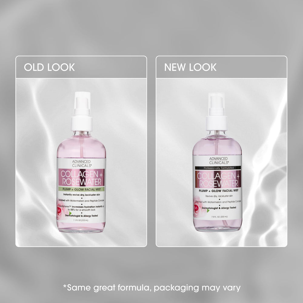 Advanced Clinicals bruma facial colágeno agua de rosas, uso diario para rutina rápida.