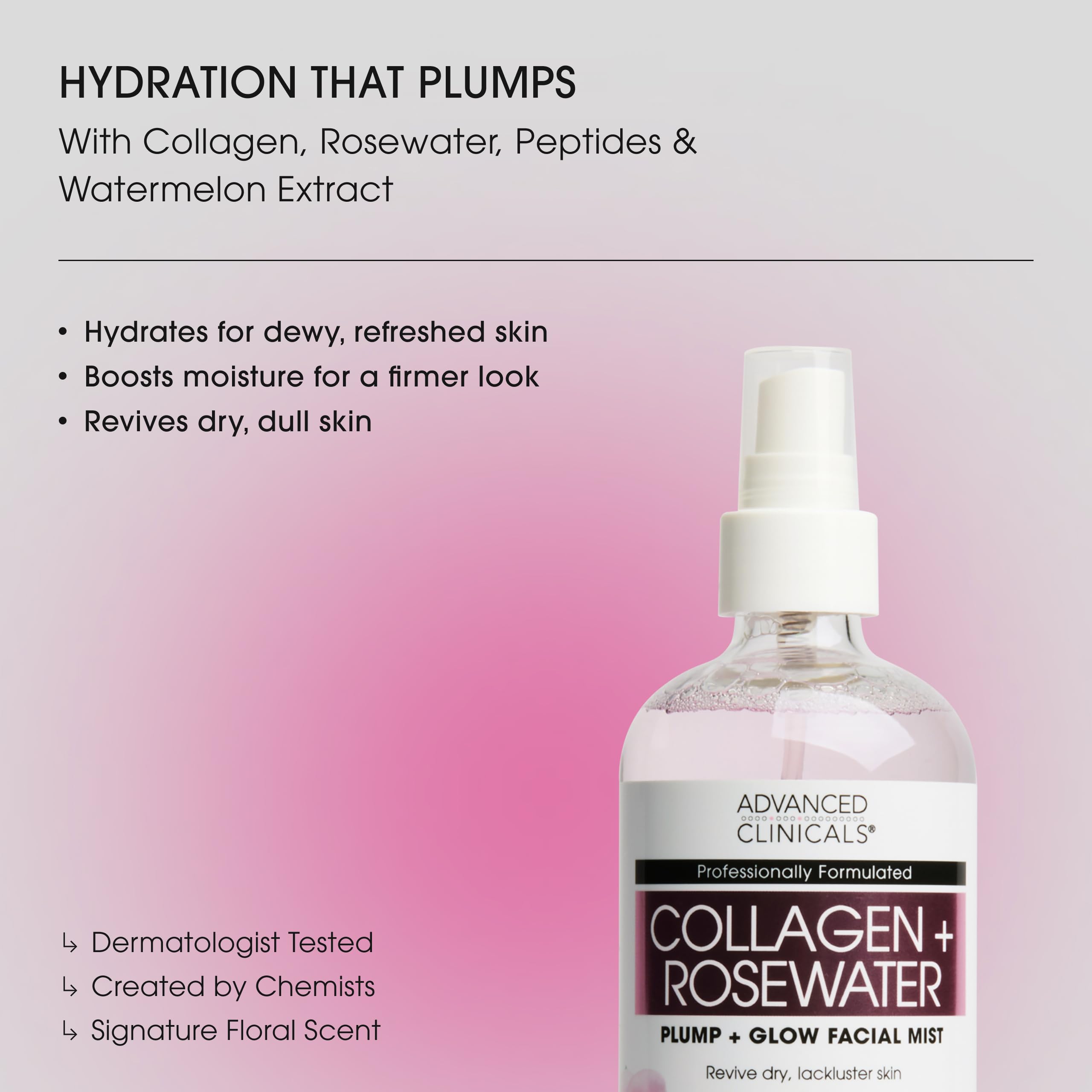 Advanced Clinicals bruma facial colágeno agua de rosas, aplicación en rostro para revitalizar la piel.