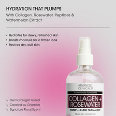 Advanced Clinicals bruma facial colágeno agua de rosas, aplicación en rostro para revitalizar la piel.